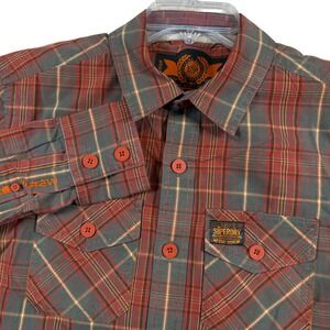 Superdry Button Down Shirt Mens Small Orange Grey Plaid Heritage Wash Cotton